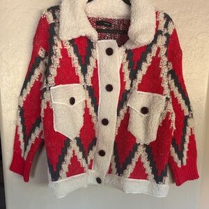 On Blue Red and White Geometric Knit Cardigan